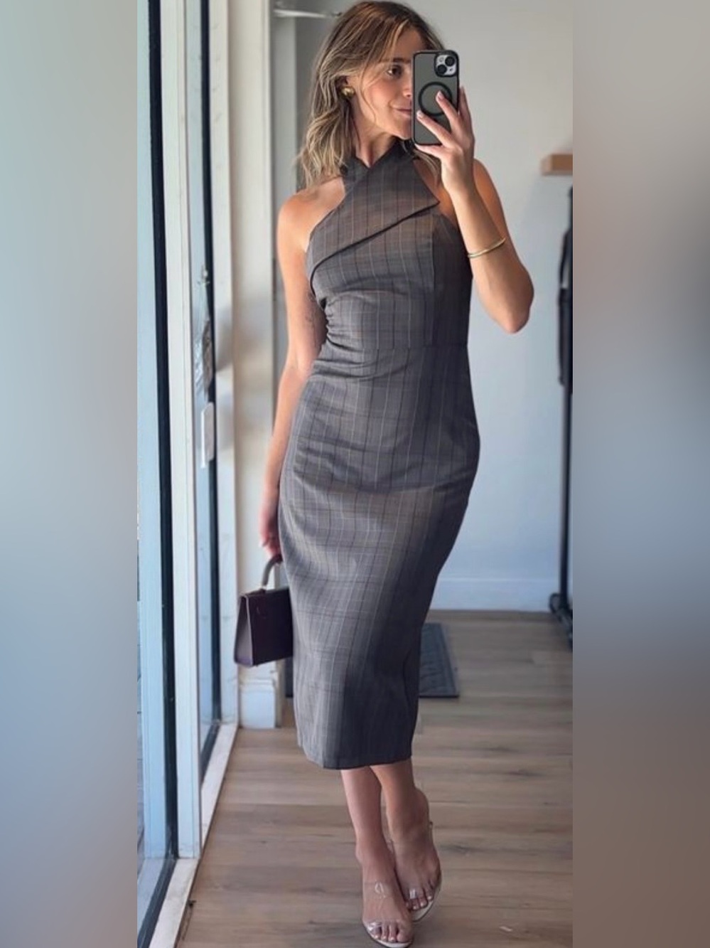 Sleeveless Plaid Midi Dress in Charcoal Gray - Tailored Halter Style